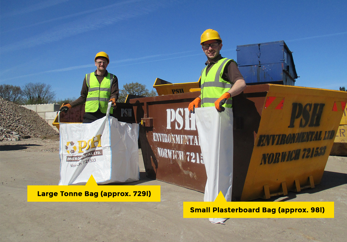 Small plasterboard bag and large tonne bag available with skips